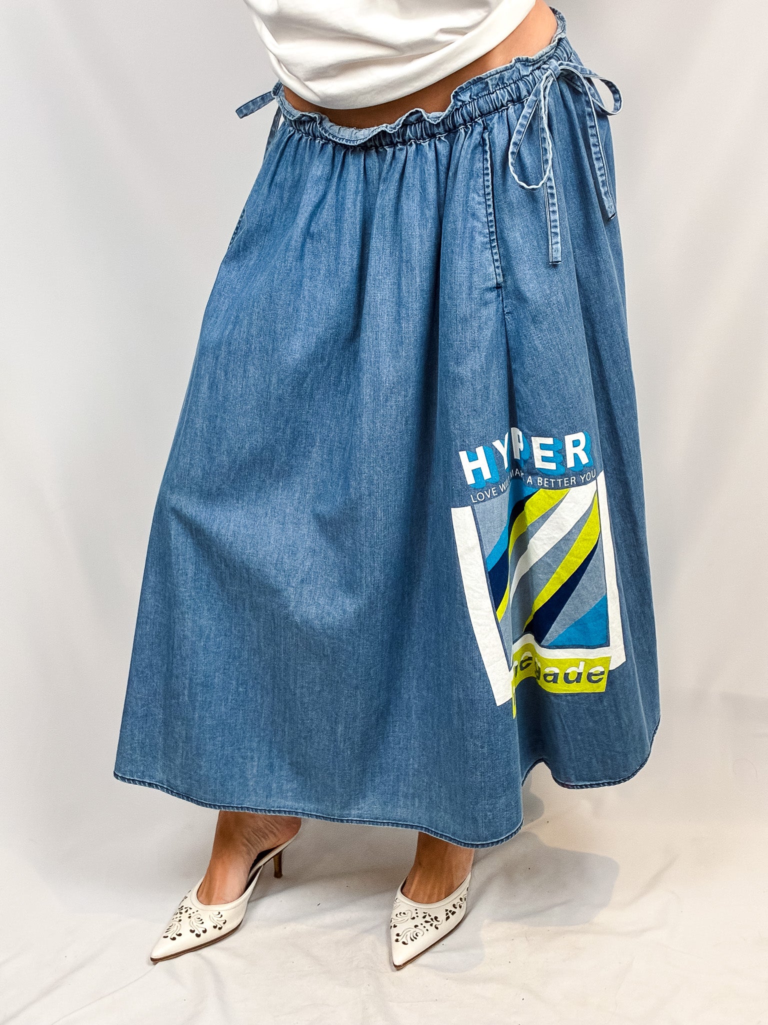 Kenzo Paris 2010s "Hyper Renegade" Graphic Denim Midi Skirt - S/M