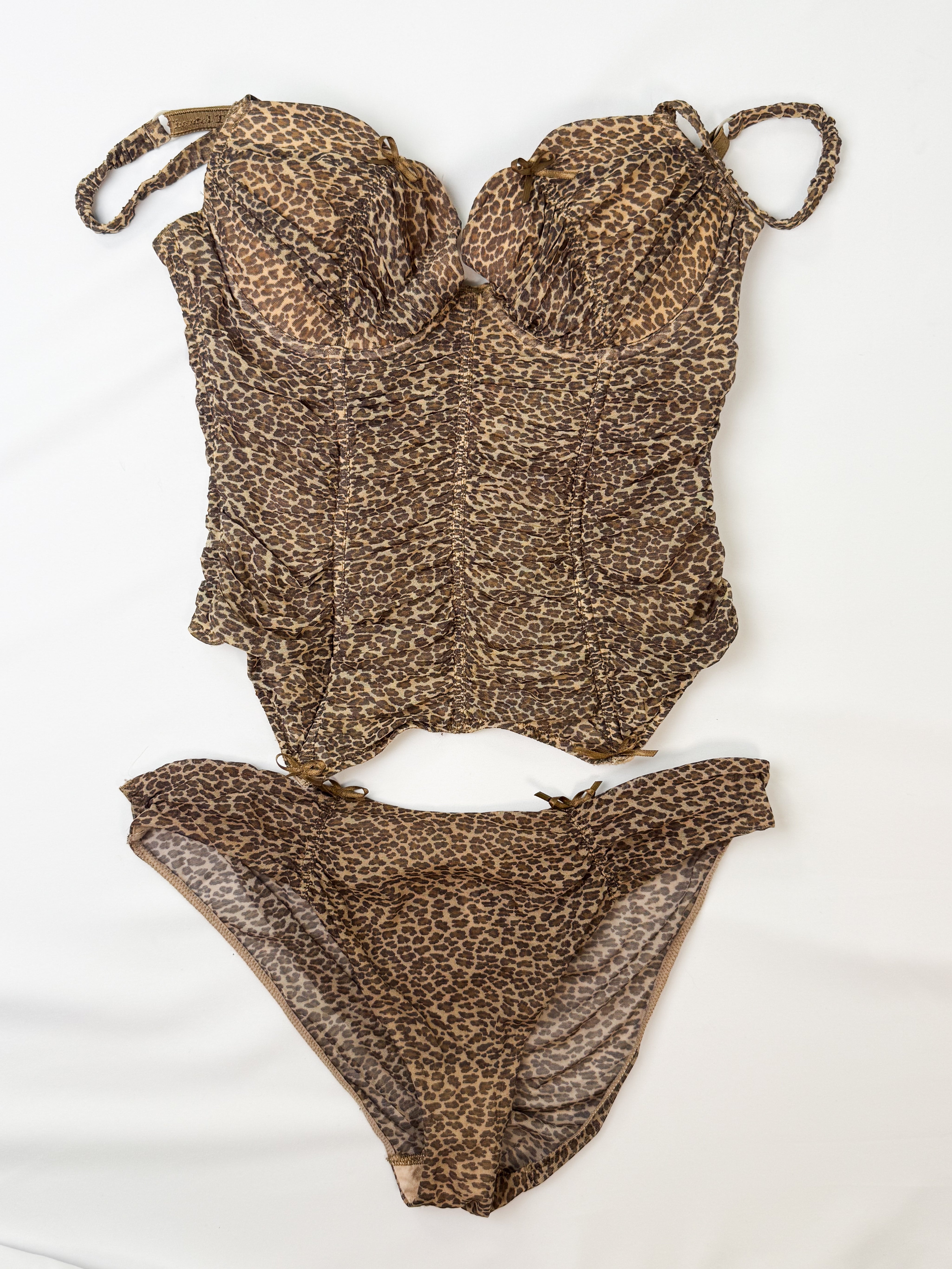 Chantal Thomass 1990s Leopard Mesh Ruched Bustier Set - S