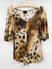 Just Cavalli 2000s Animalier Cheetah Print Bishop Sleeve V-Neck Top - M/L