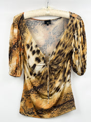 Just Cavalli 2000s Animalier Cheetah Print Ruched Gold Stud V-Neck Top - S/M
