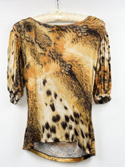 Just Cavalli 2000s Animalier Cheetah Print Ruched Gold Stud V-Neck Top - S/M