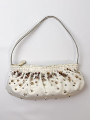 Byblos Blu 2000s Cream Satin Mixed Metal Ball Stud Baguette Bag