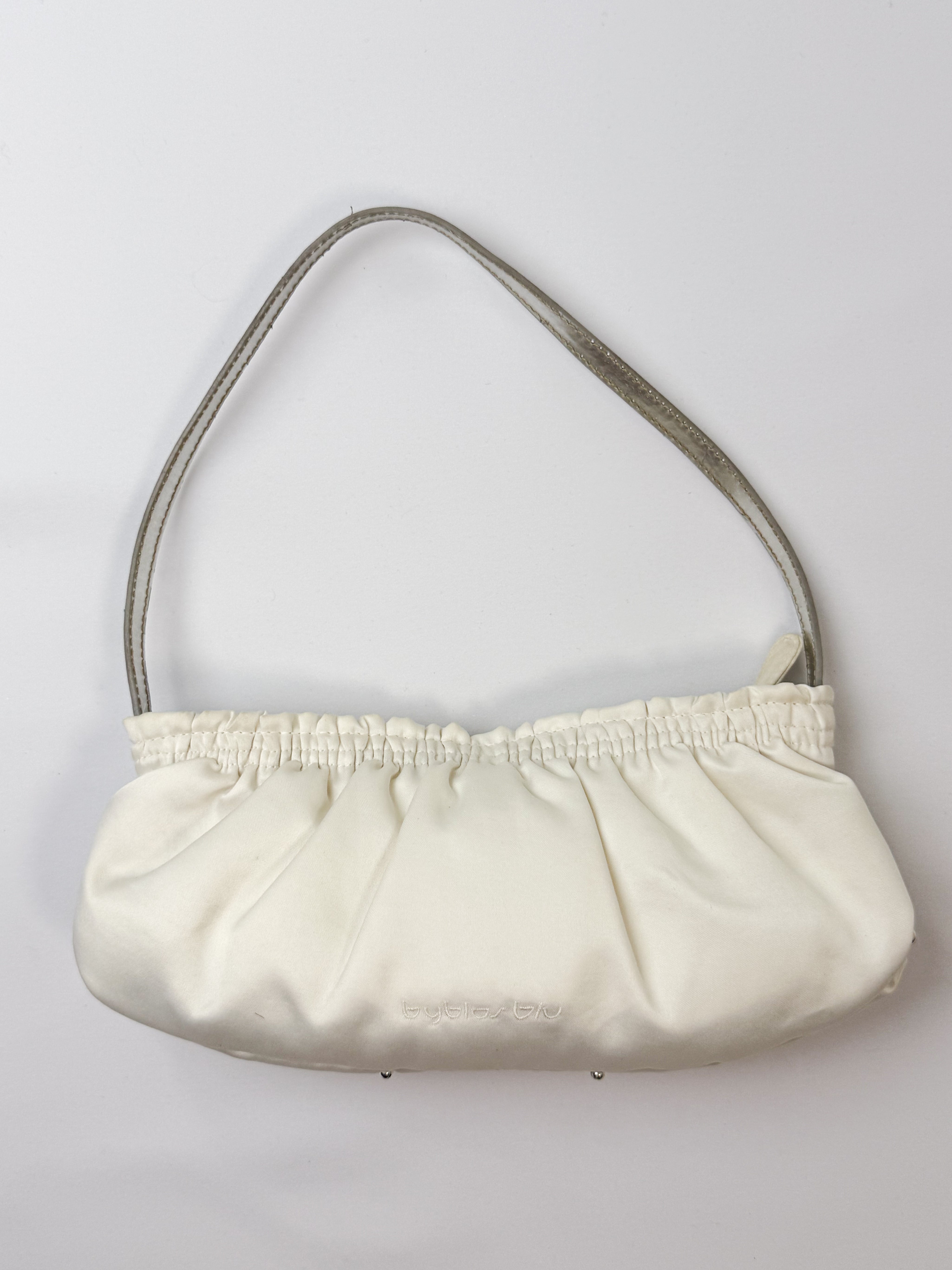 Byblos Blu 2000s Cream Satin Mixed Metal Ball Stud Baguette Bag