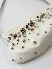 Byblos Blu 2000s Cream Satin Mixed Metal Ball Stud Baguette Bag