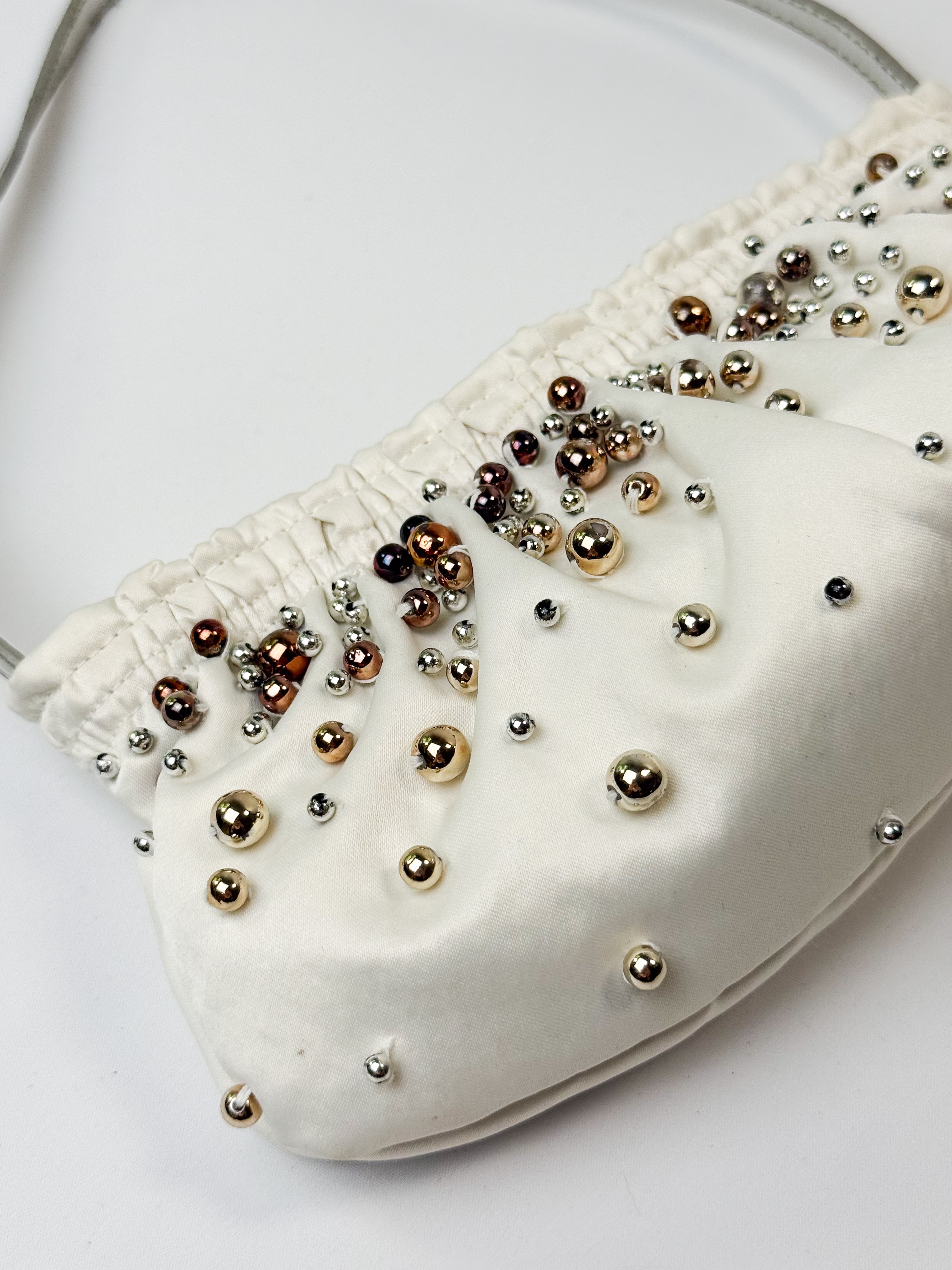Byblos Blu 2000s Cream Satin Mixed Metal Ball Stud Baguette Bag