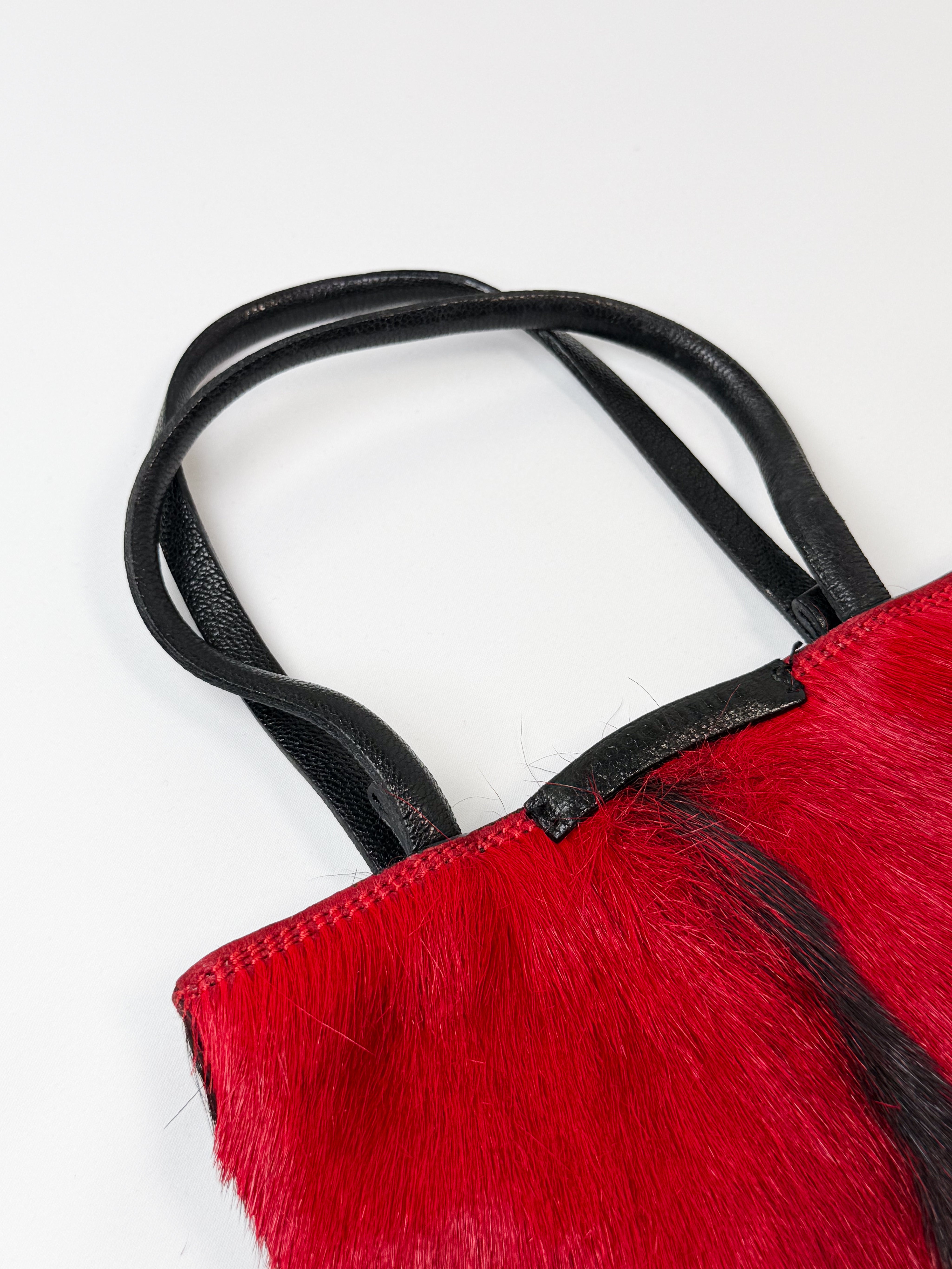 Coccinelle 2000s Red Black Pony Hair Tote Bag