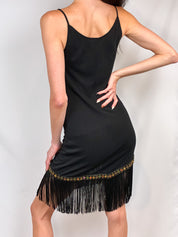 Blumarine 2000s Black Cowl Neck Fringe Hem Mini Dress - S