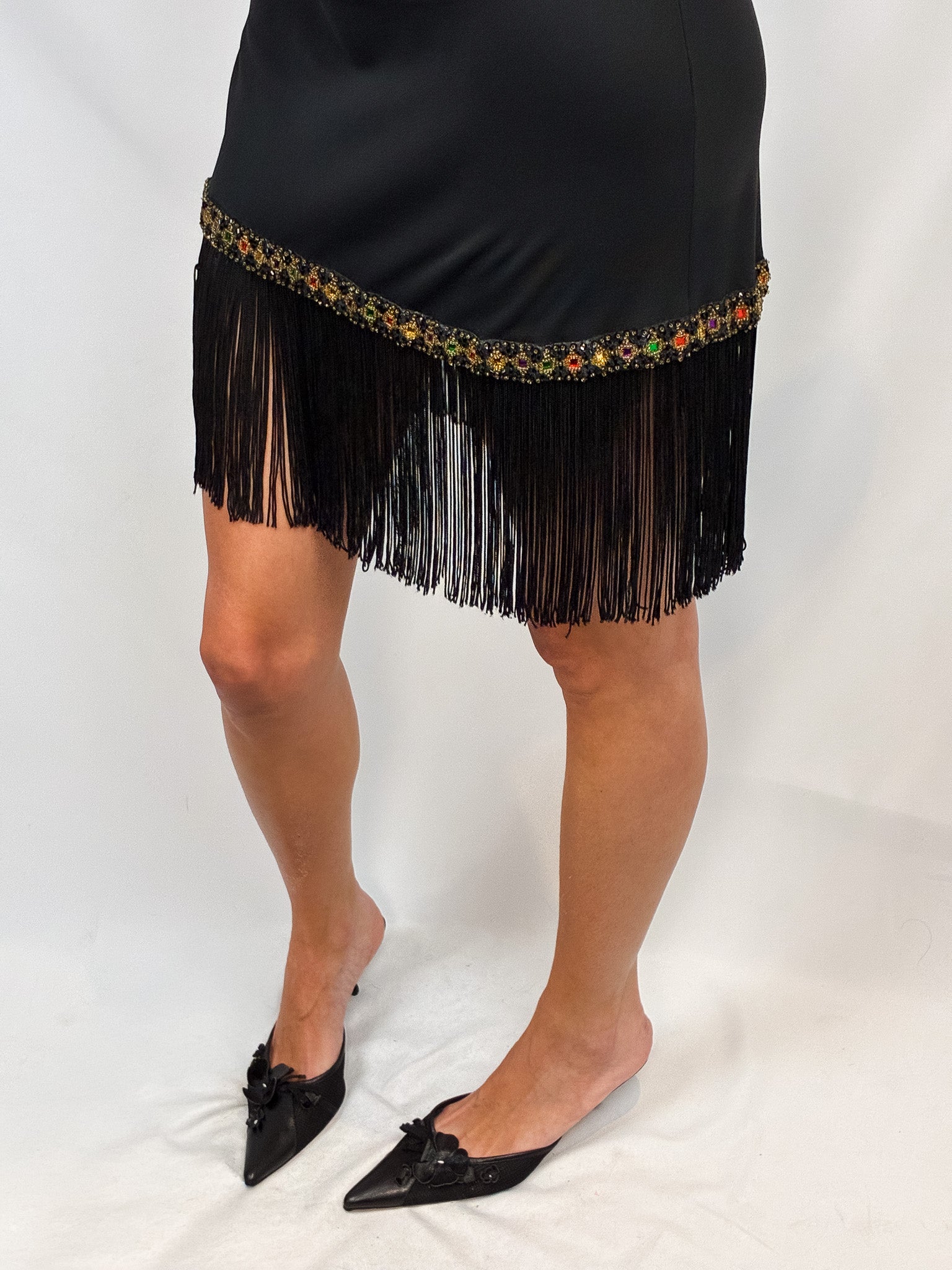 Blumarine 2000s Black Cowl Neck Fringe Hem Mini Dress - S