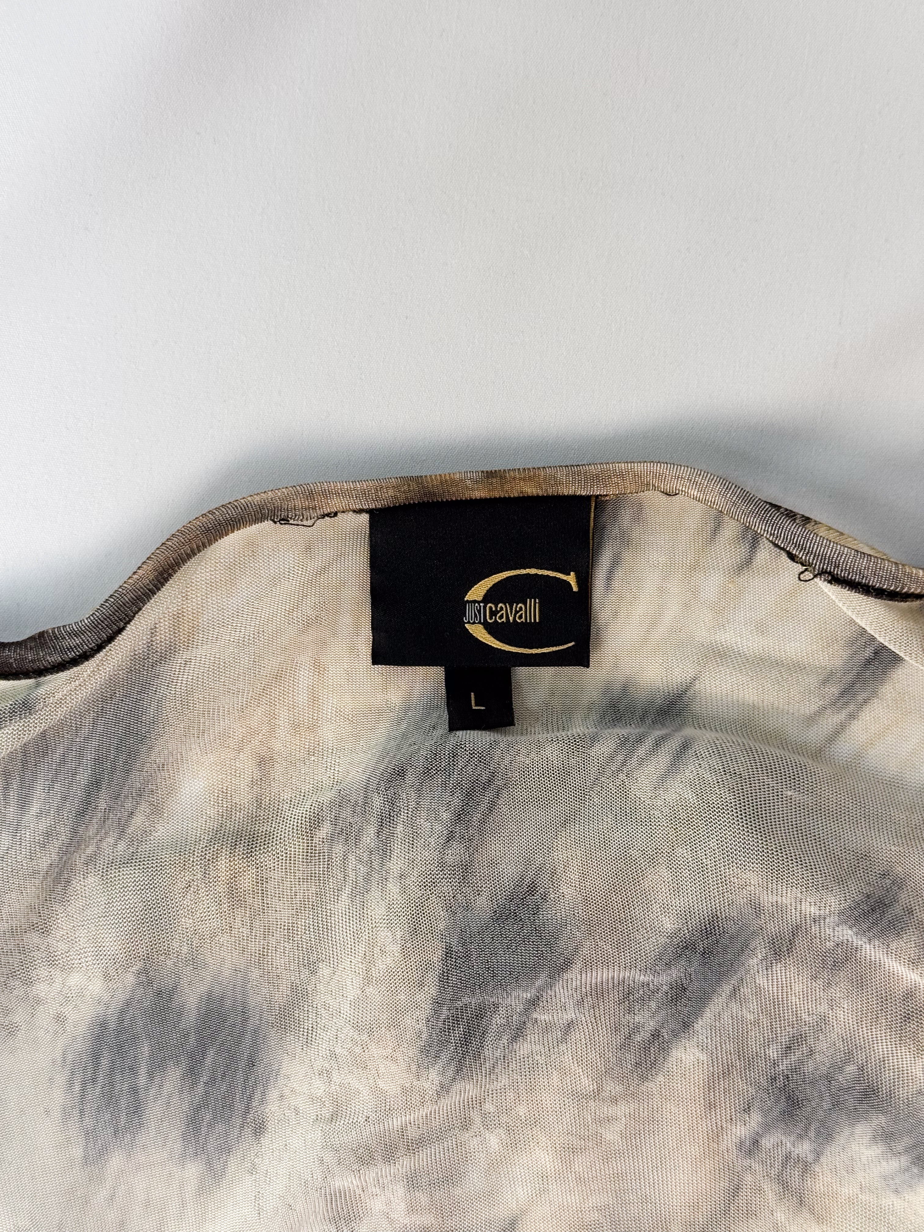 Just Cavalli 2000s Animalier Cheetah Print Bishop Sleeve V-Neck Top - M/L