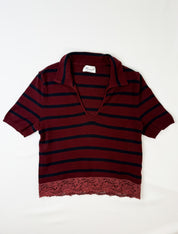 Blumarine 1990s Burgundy Navy Stripe Knit Polo with Lace Hem - L