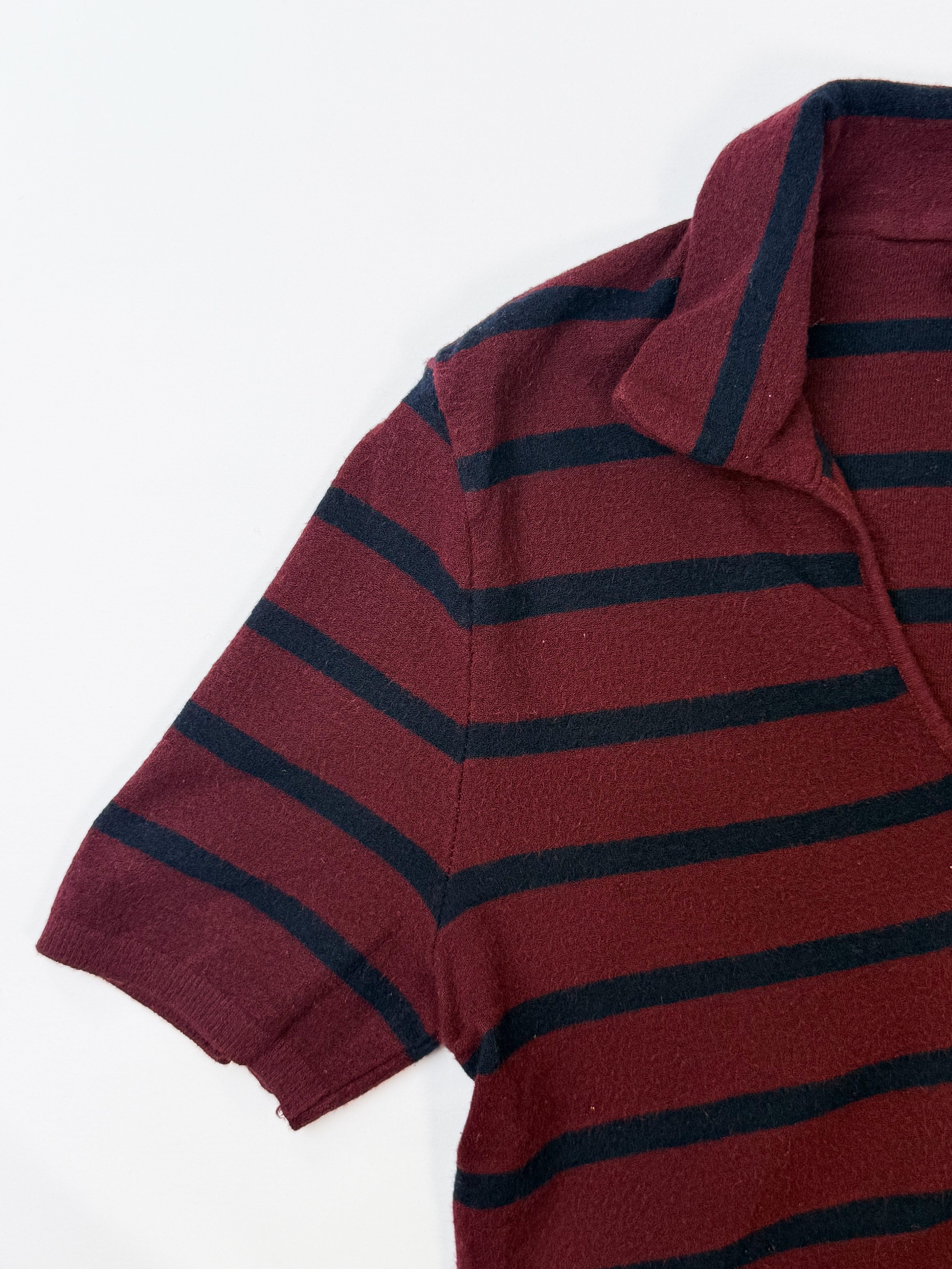 Blumarine 1990s Burgundy Navy Stripe Knit Polo with Lace Hem - L