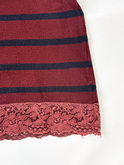 Blumarine 1990s Burgundy Navy Stripe Knit Polo with Lace Hem - L
