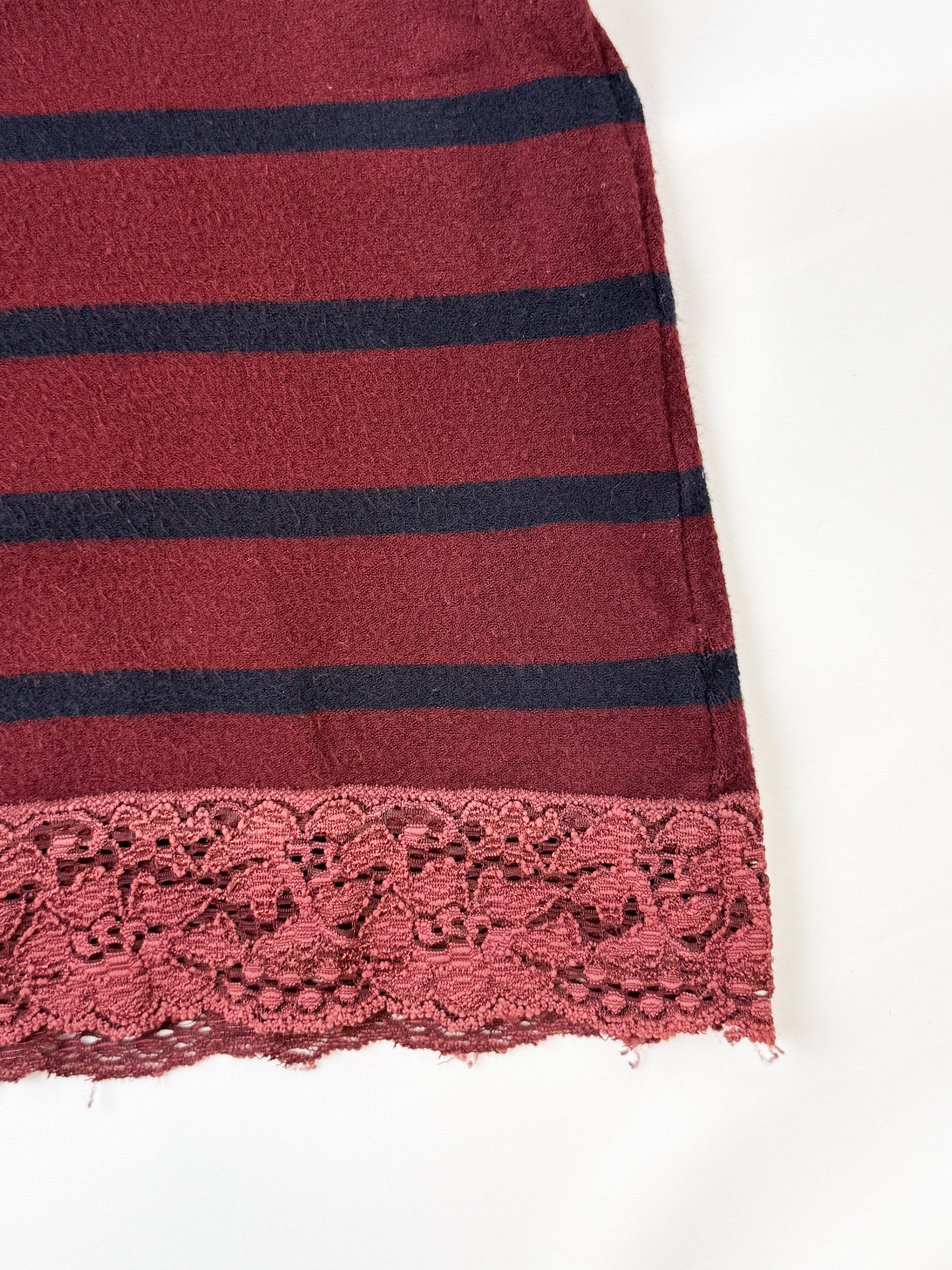 Blumarine 1990s Burgundy Navy Stripe Knit Polo with Lace Hem - L