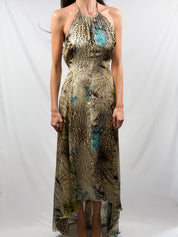 Giorgio Ajutanti 2000s Leopard & Feather Mixed Print Halter Maxi Dress - M/L