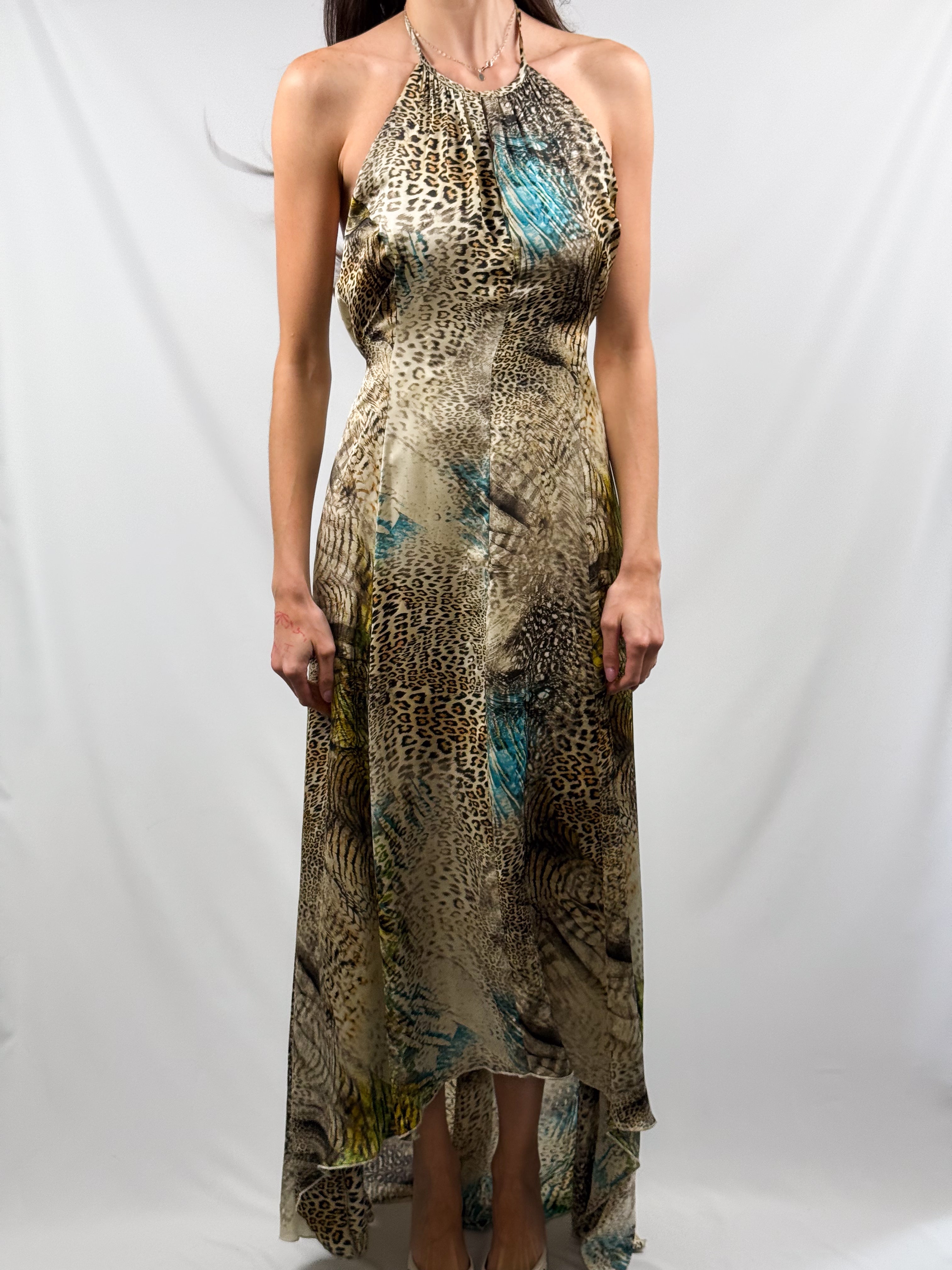 Giorgio Ajutanti 2000s Leopard & Feather Mixed Print Halter Maxi Dress - M/L