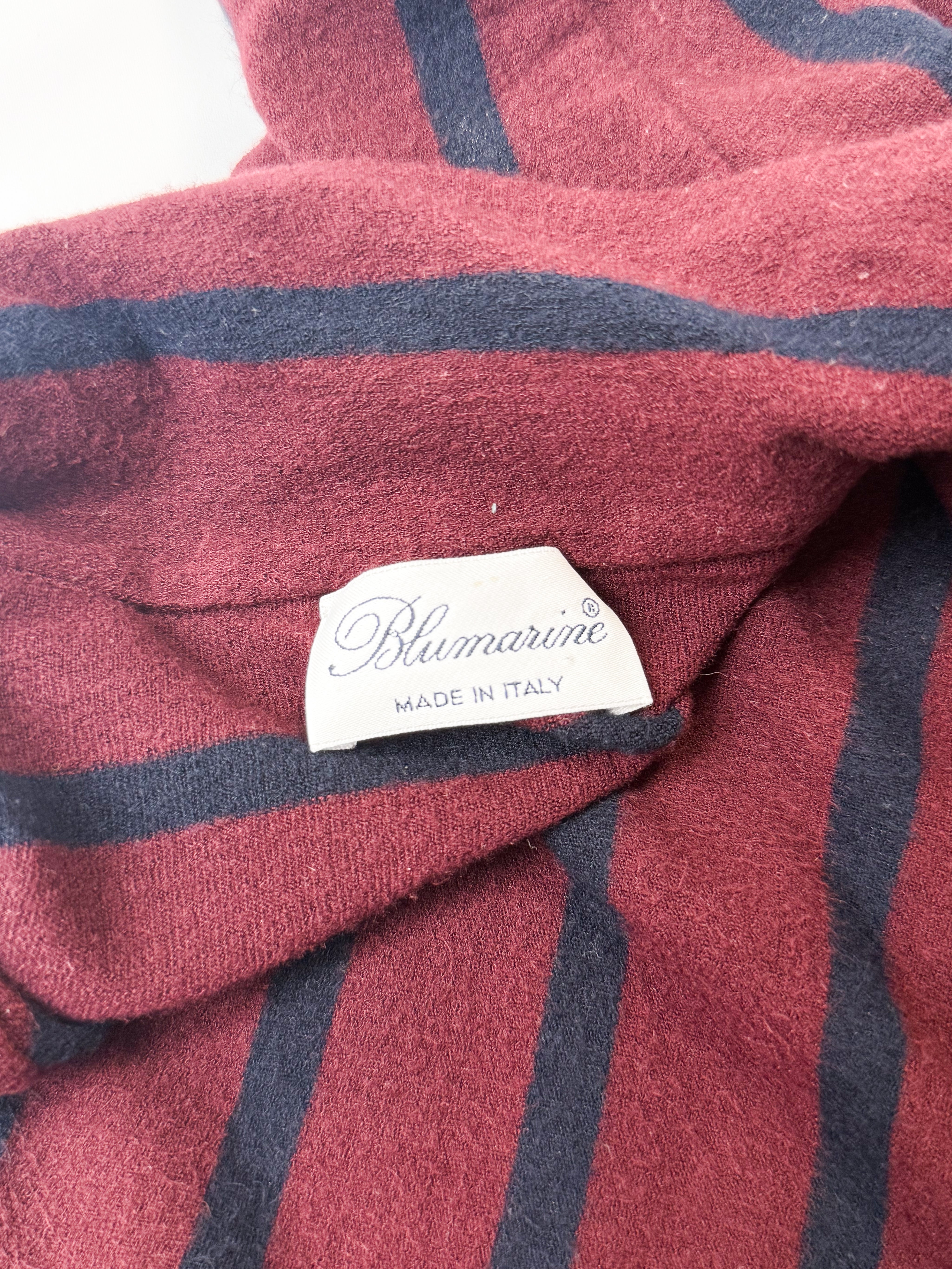 Blumarine 1990s Burgundy Navy Stripe Knit Polo with Lace Hem - L