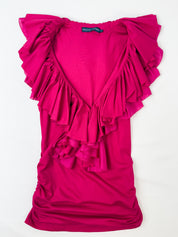 Ralph Lauren 2000s Hot Pink Ruffle V-Neck Silk Hem Top - S