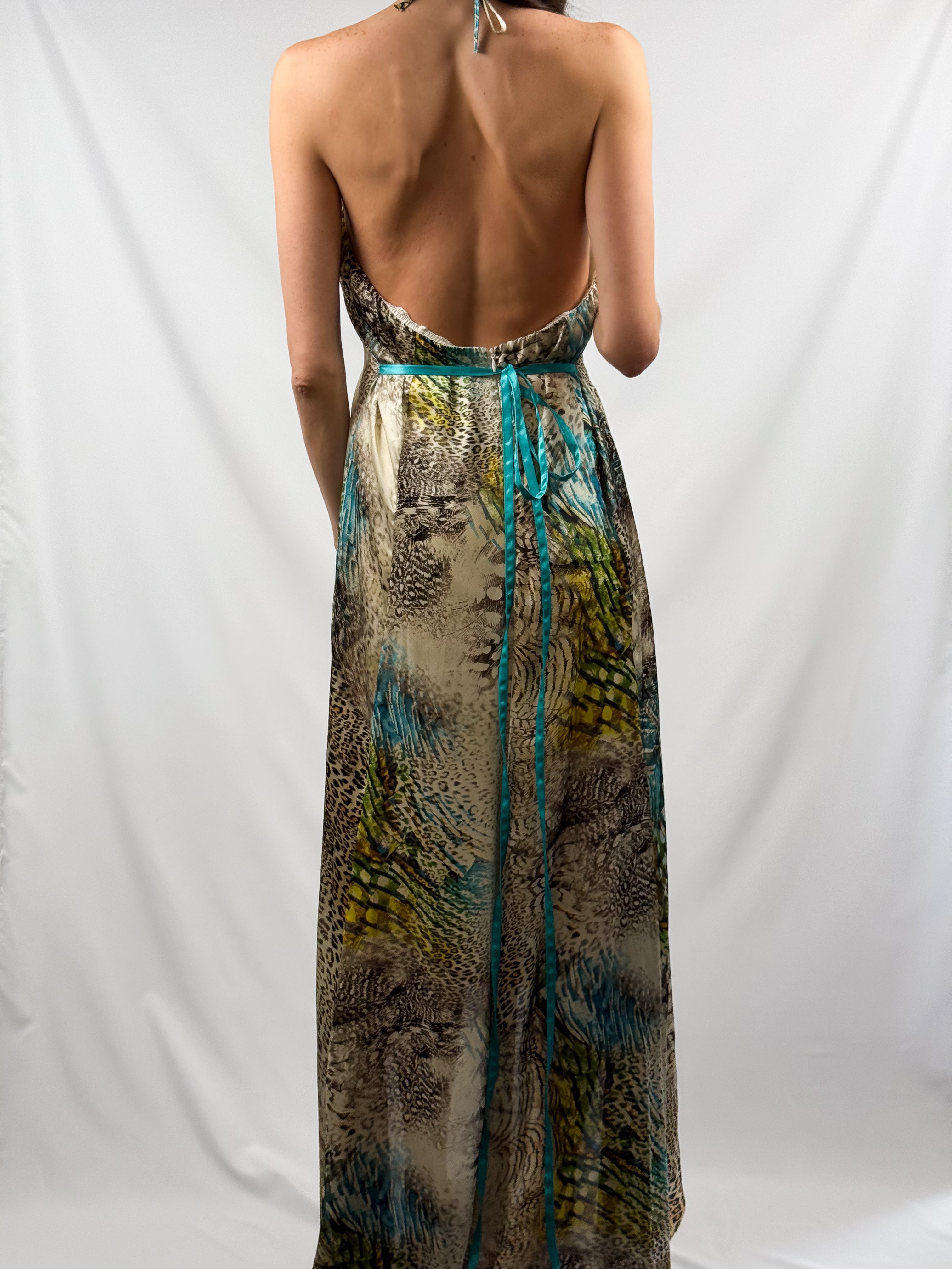 Giorgio Ajutanti 2000s Leopard & Feather Mixed Print Halter Maxi Dress - M/L