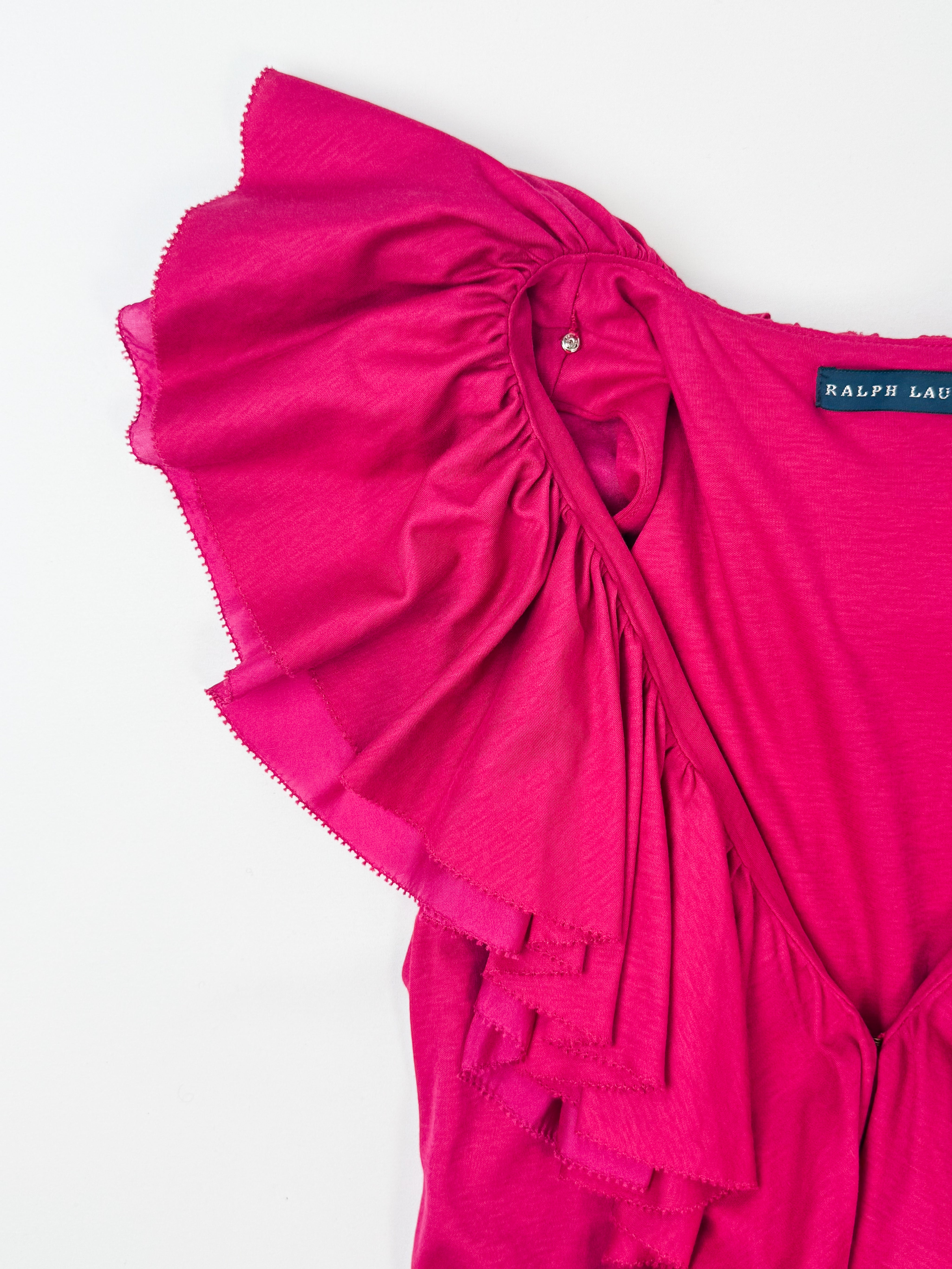 Ralph Lauren 2000s Hot Pink Ruffle V-Neck Silk Hem Top - S