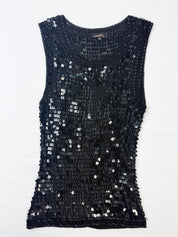 and MORE 1990s Black Square Sequin Bugle Bead Crochet Tank - S/M