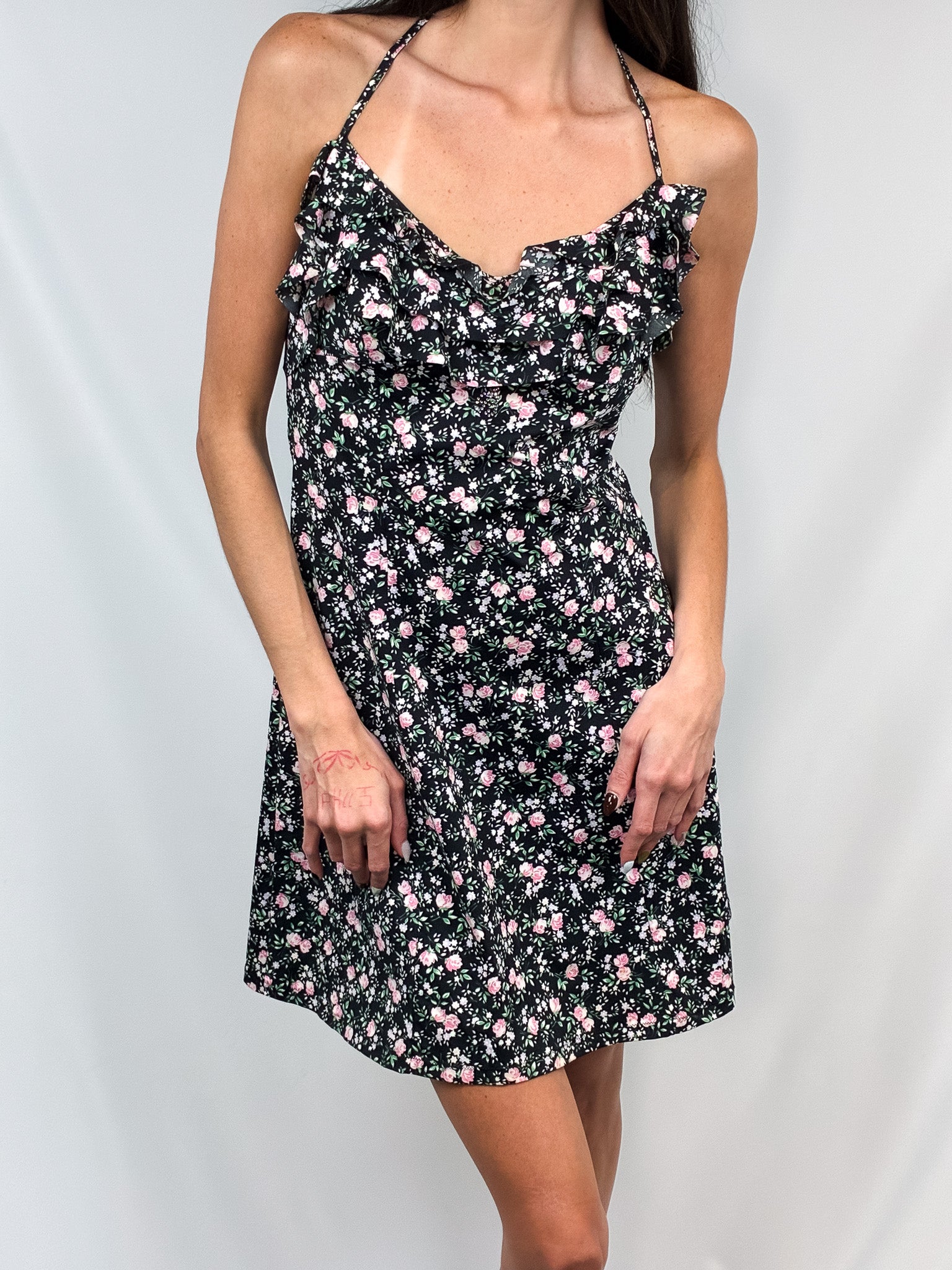 Blumarine Beachwear 2000s Black Rose Floral Halter Mini Dress - M