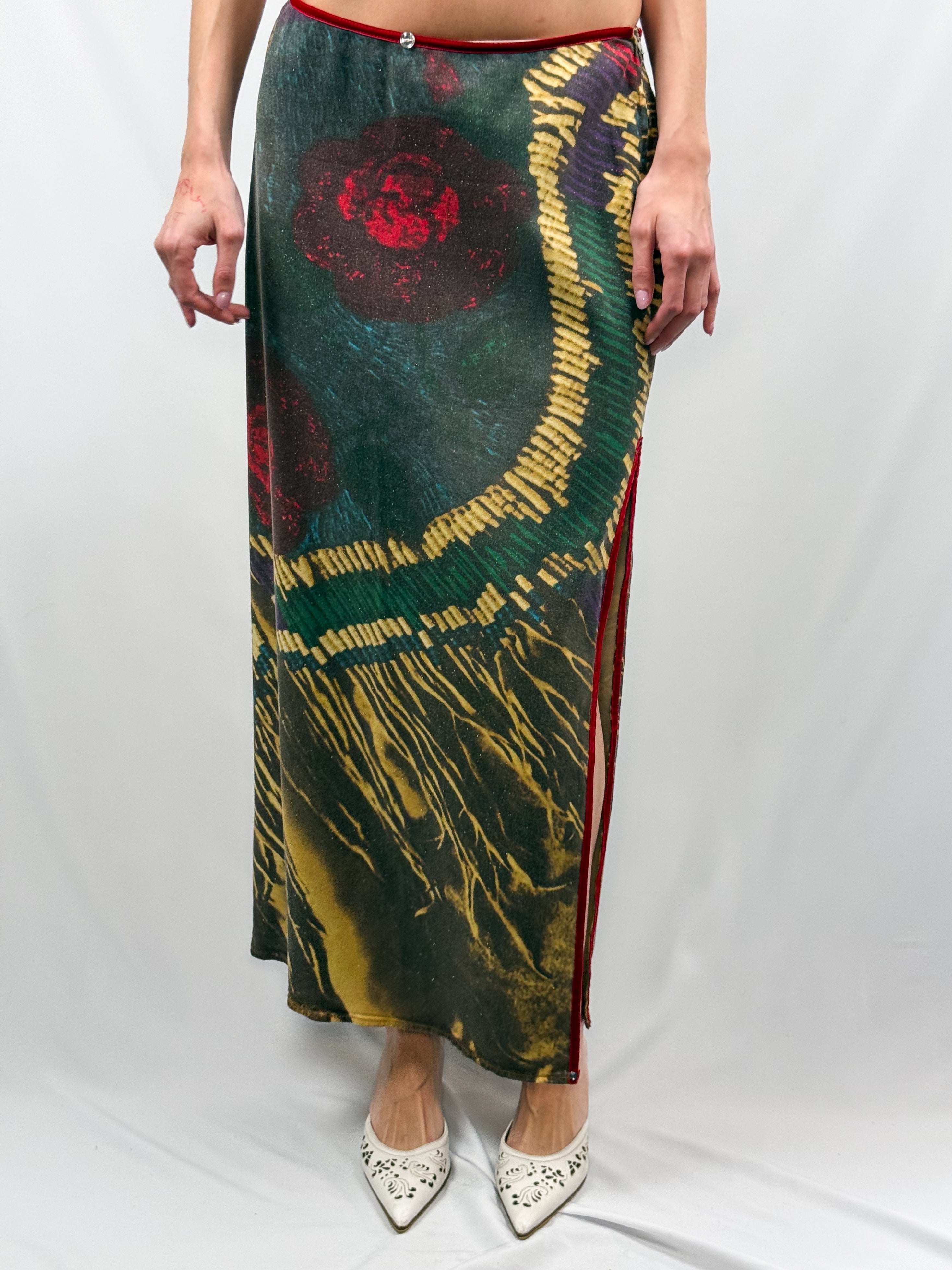 Voyage Passion 2000s Abstract Botanical Print Red Velvet Trim Maxi Skirt - M