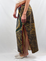 Voyage Passion 2000s Abstract Botanical Print Red Velvet Trim Maxi Skirt - M