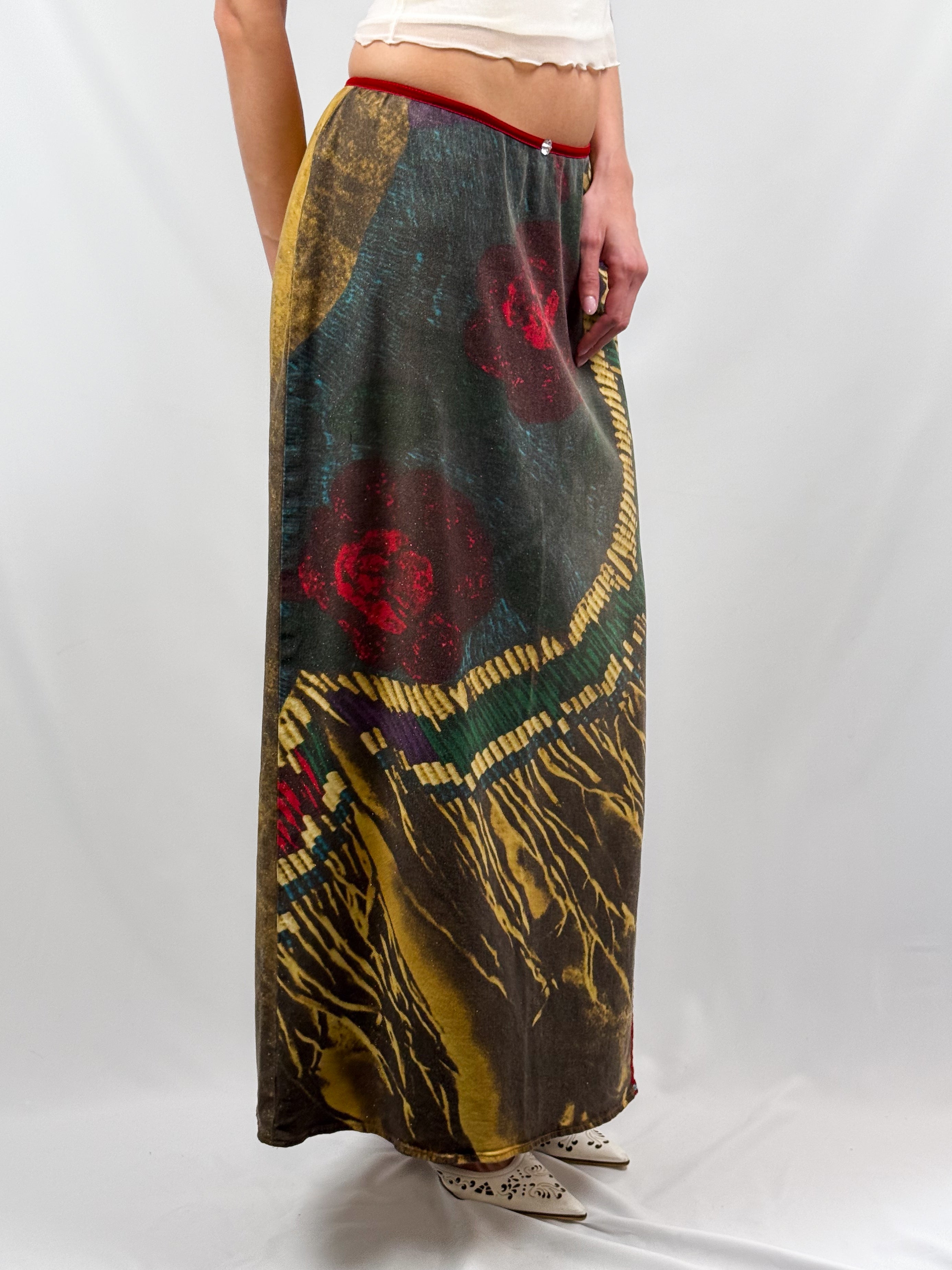 Voyage Passion 2000s Abstract Botanical Print Red Velvet Trim Maxi Skirt - M