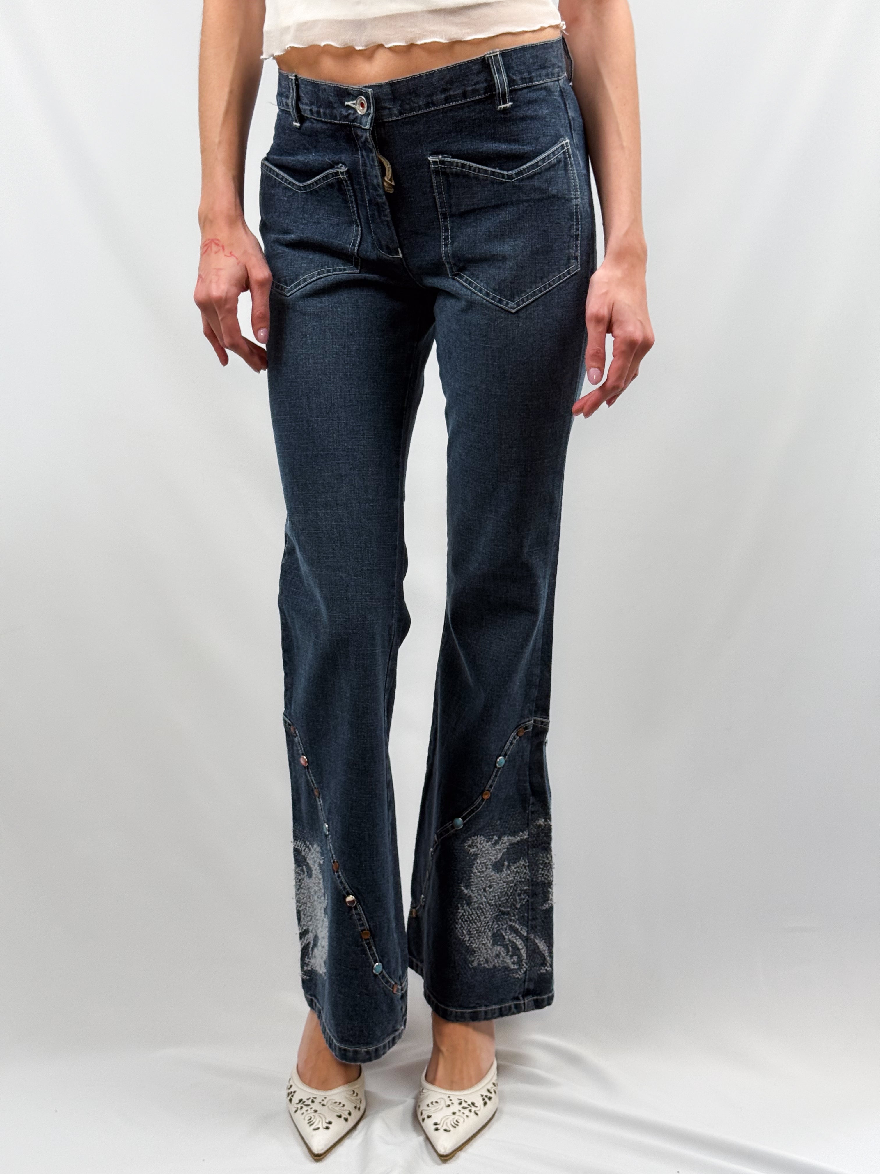 Viavai 2000s Dark Indigo Stud-Trim Flare Jeans - W29