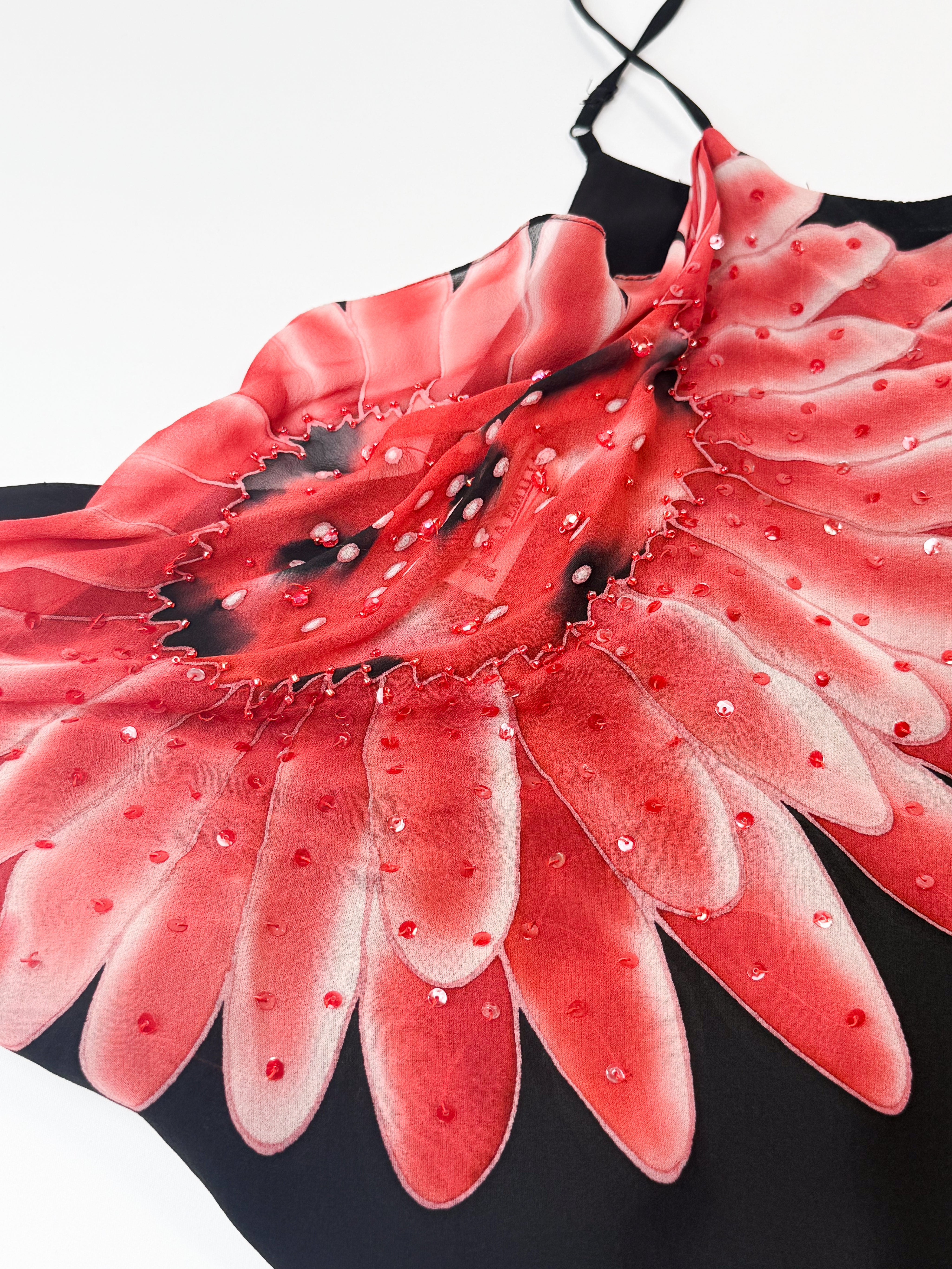 Via Emilia 2000s Red Gerbera Silk Camisole and Shawl Set - L
