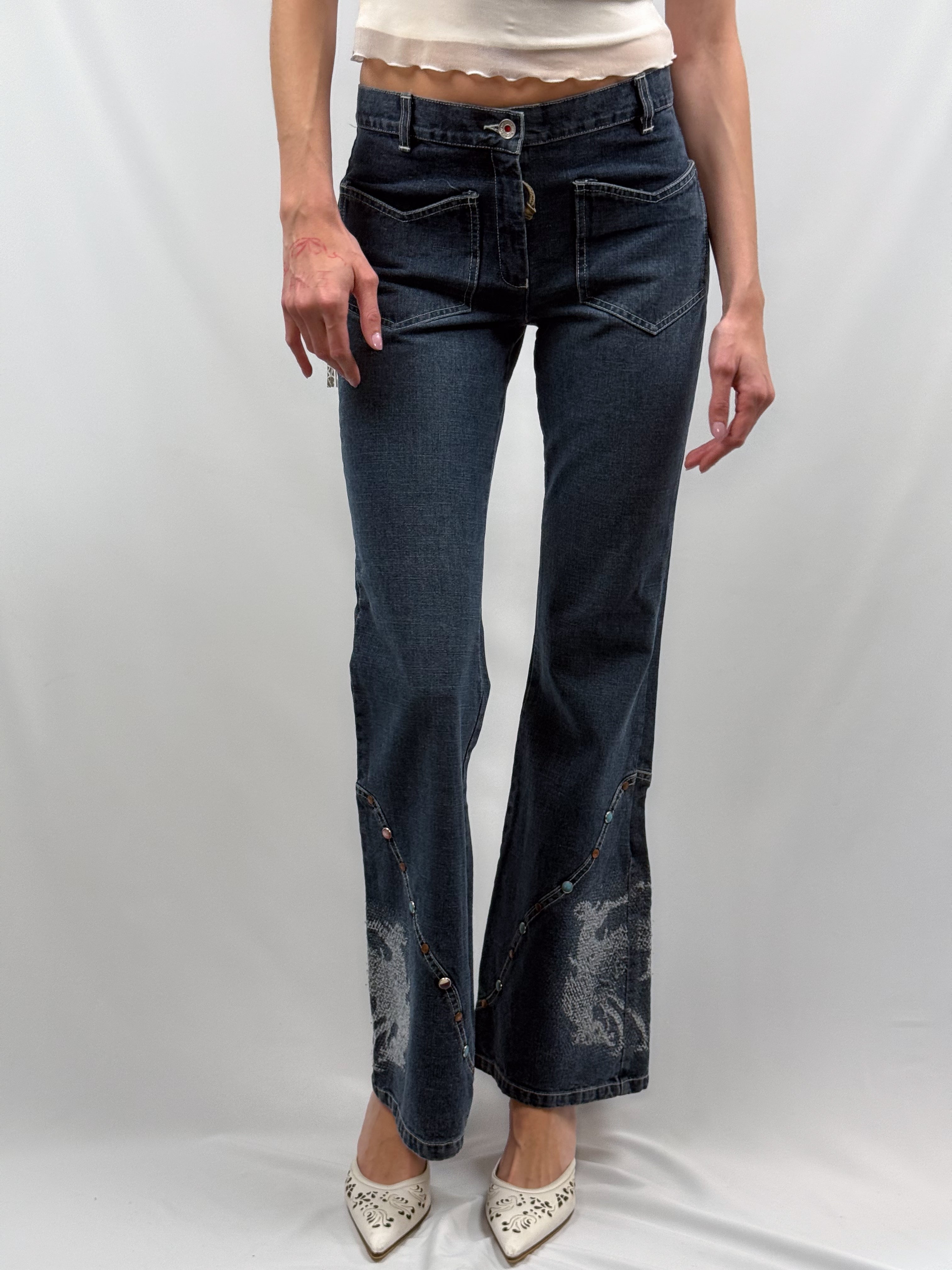 Viavai 2000s Dark Indigo Stud-Trim Flare Jeans - W29