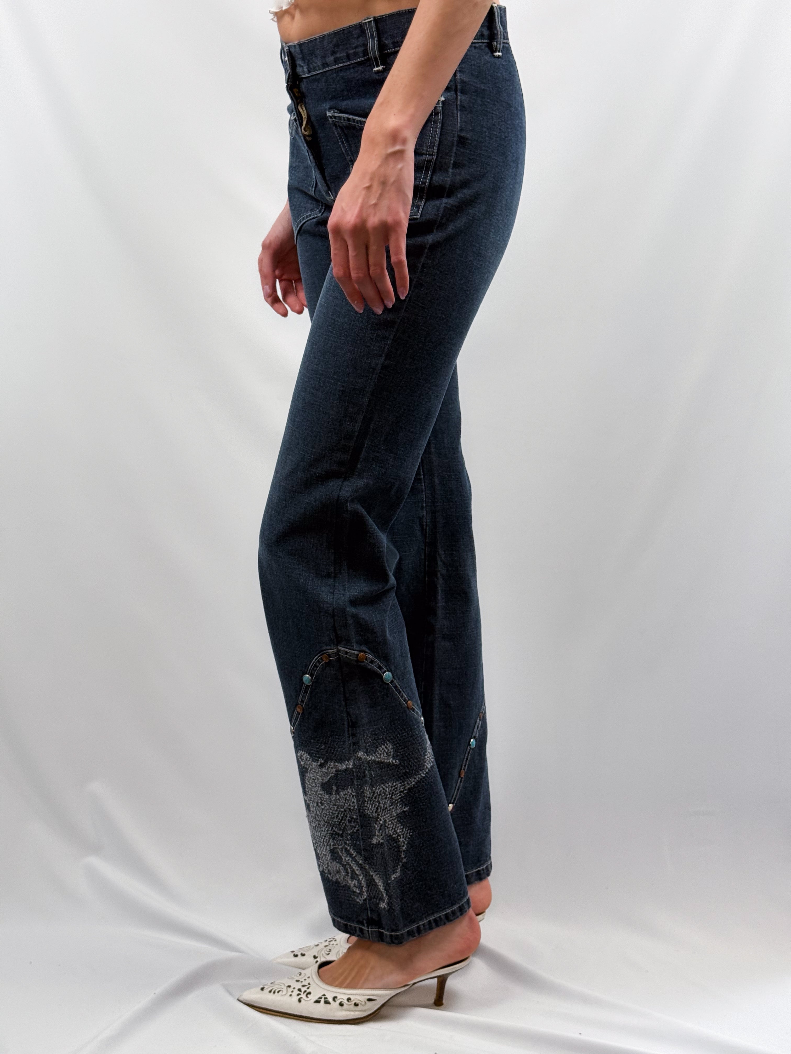 Viavai 2000s Dark Indigo Stud-Trim Flare Jeans - W29