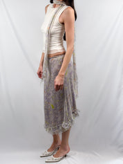 Patrizia Pepe Firenze 2000s Lavender Watercolor Floral Crinkle Chiffon Midi Skirt with Scarf - S/M