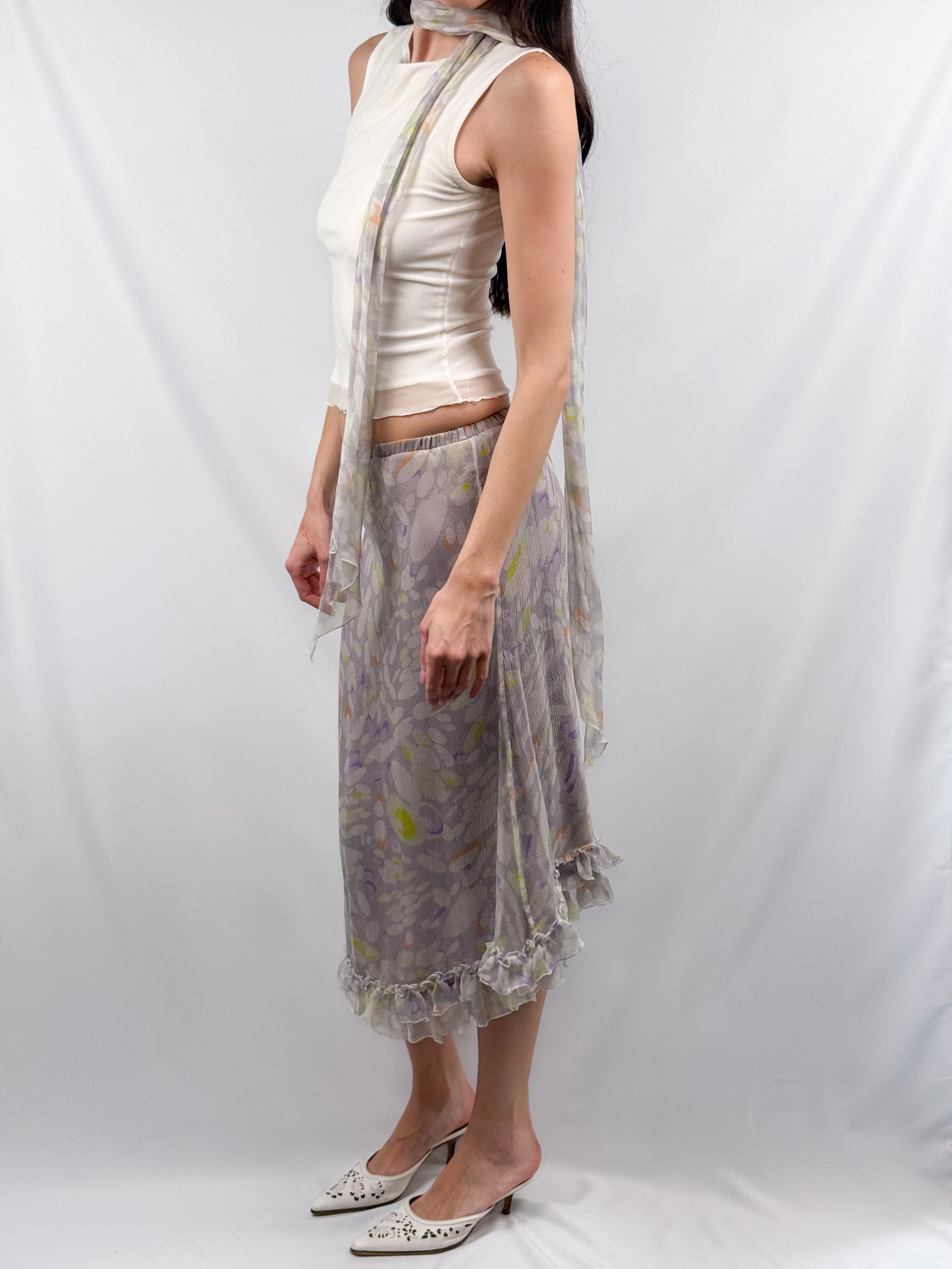 Patrizia Pepe Firenze 2000s Lavender Watercolor Floral Crinkle Chiffon Midi Skirt with Scarf - S/M