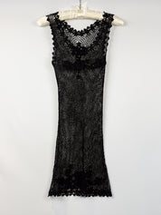 Pain de Sucre 2000s Black Open Weave Crochet Floral Appliqué Mini Dress - S/M