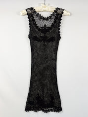 Pain de Sucre 2000s Black Open Weave Crochet Floral Appliqué Mini Dress - S/M