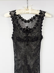 Pain de Sucre 2000s Black Open Weave Crochet Floral Appliqué Mini Dress - S/M