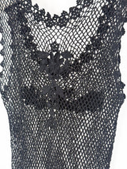 Pain de Sucre 2000s Black Open Weave Crochet Floral Appliqué Mini Dress - S/M