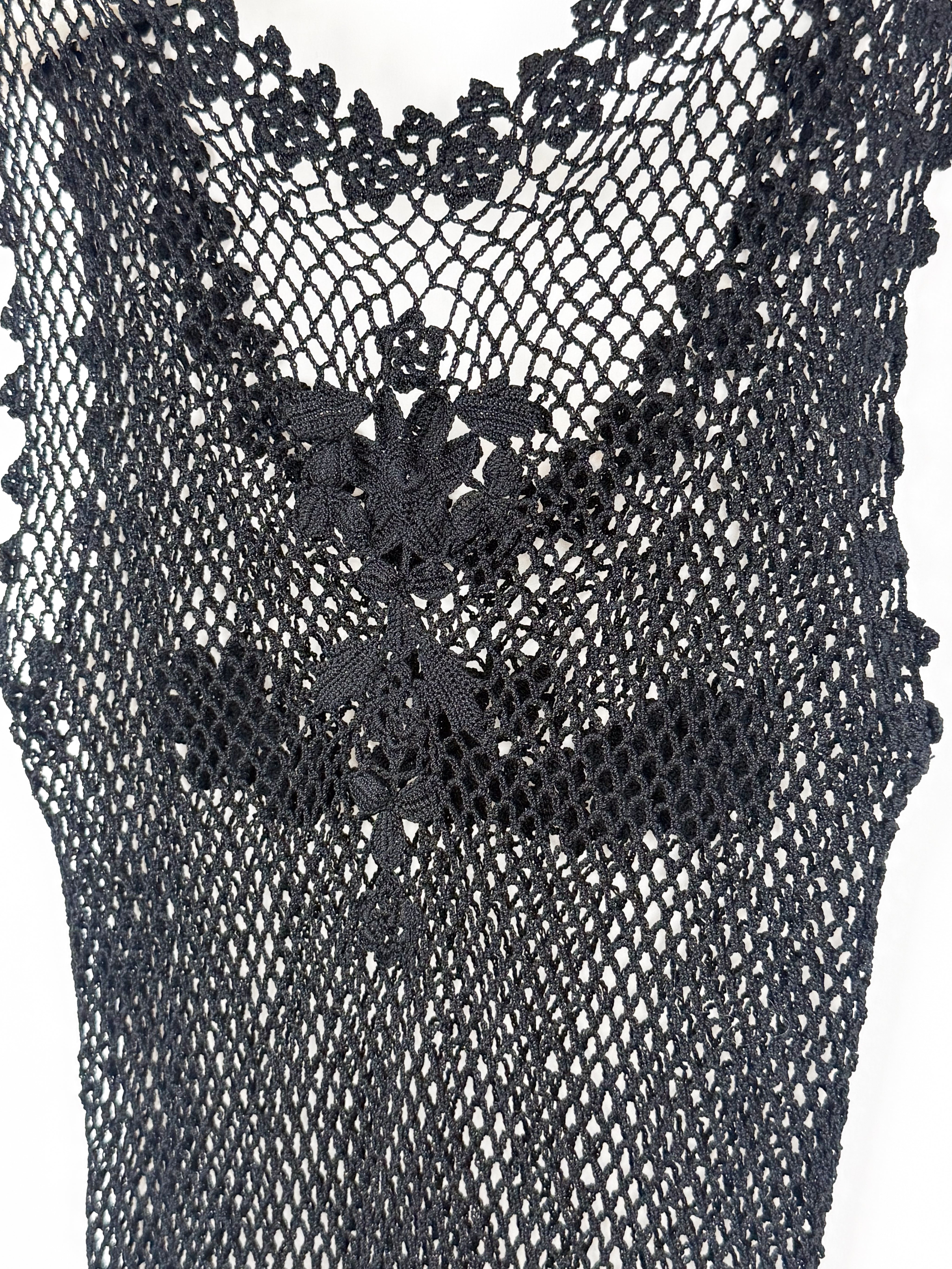 Pain de Sucre 2000s Black Open Weave Crochet Floral Appliqué Mini Dress - S/M