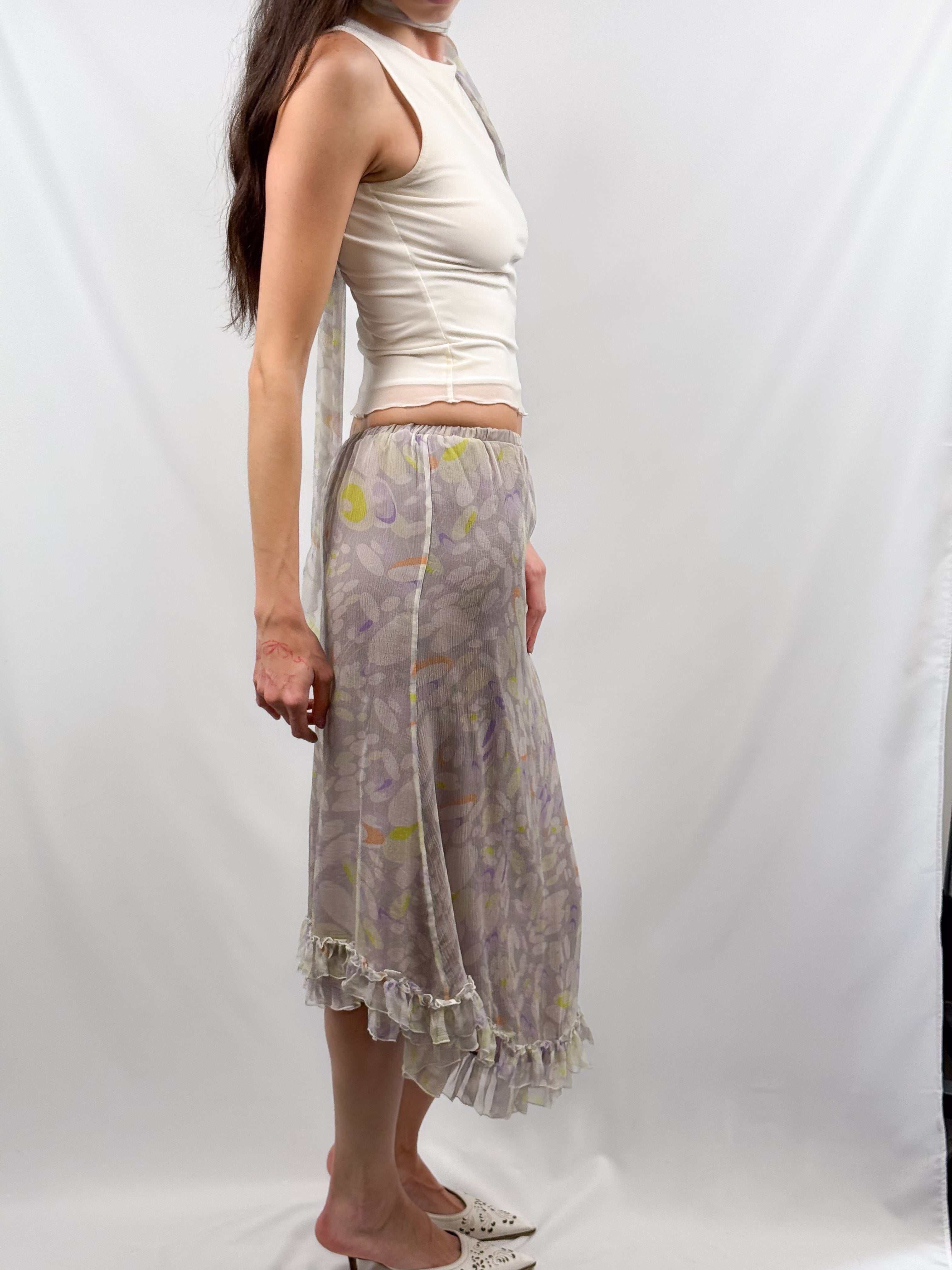 Patrizia Pepe Firenze 2000s Lavender Watercolor Floral Crinkle Chiffon Midi Skirt with Scarf - S/M