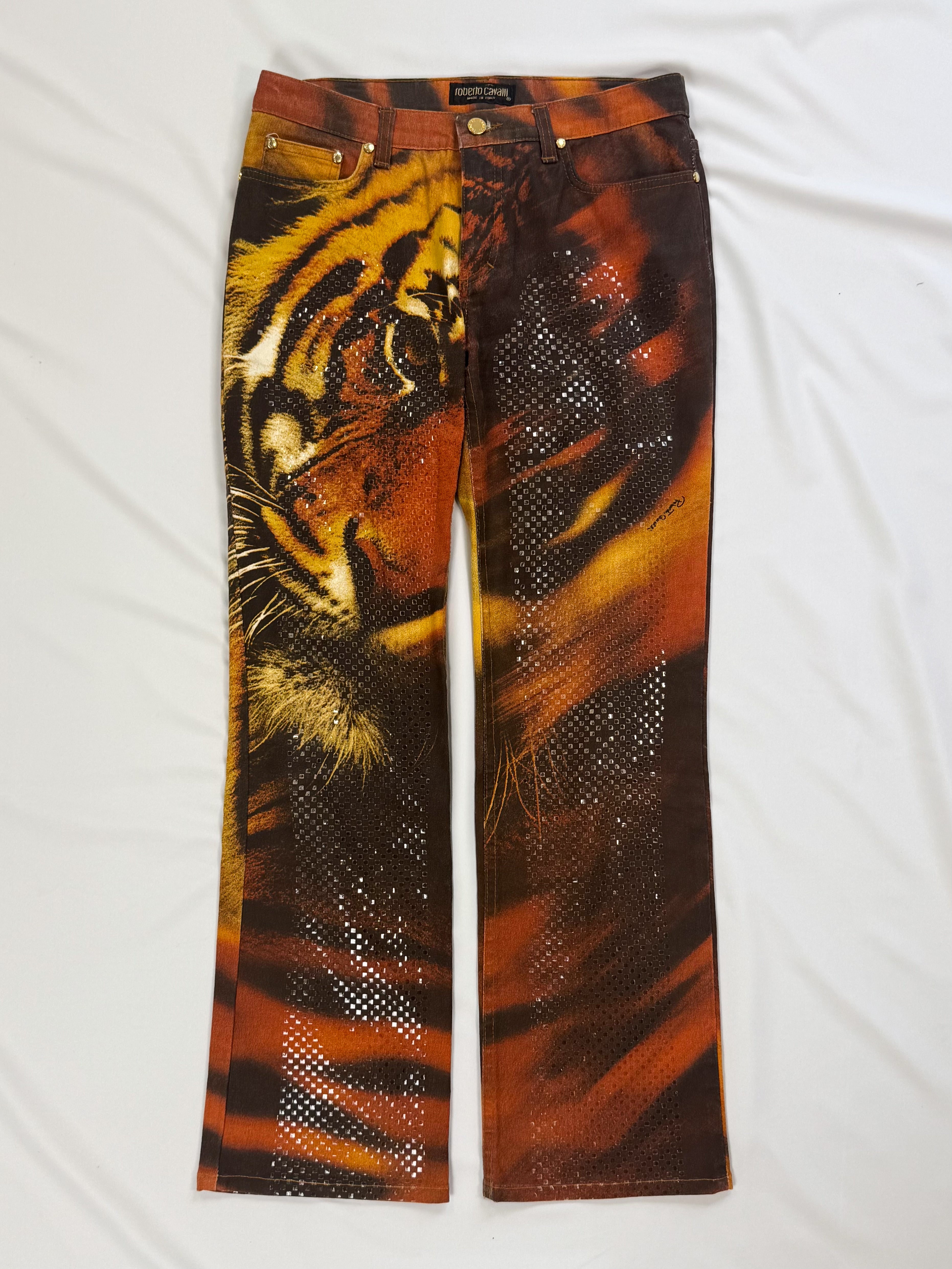 Roberto Cavalli FW 2000 Crystal Embellished Tiger Print Jeans - W28/29