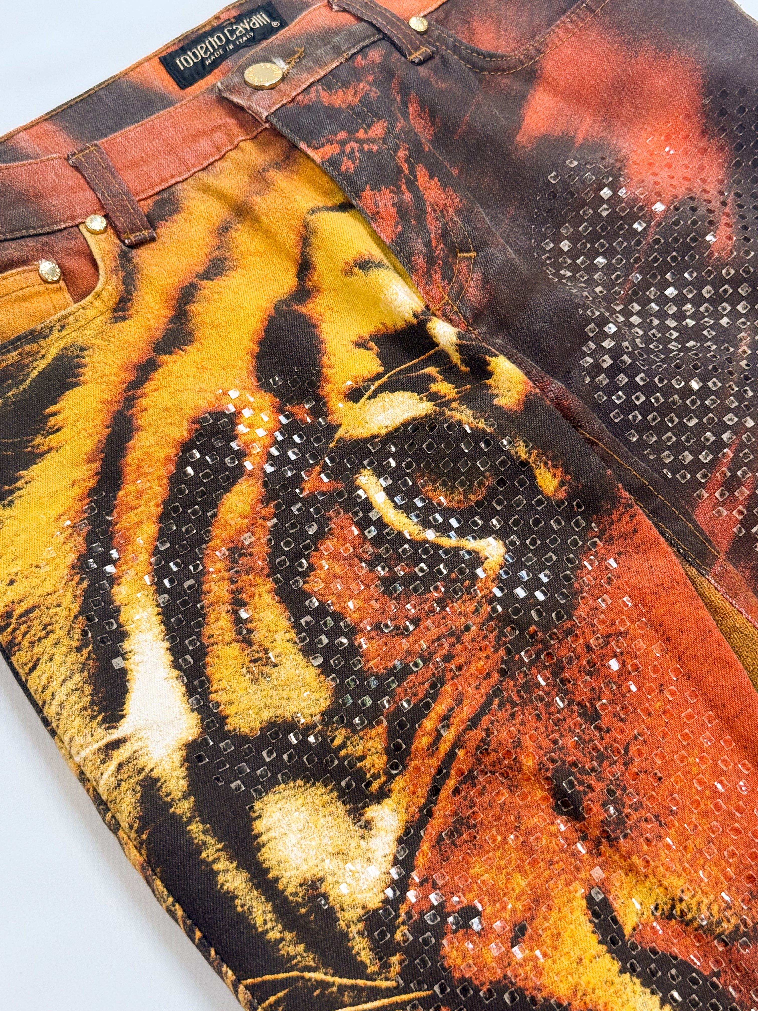Roberto Cavalli FW 2000 Crystal Embellished Tiger Print Jeans - W28/29