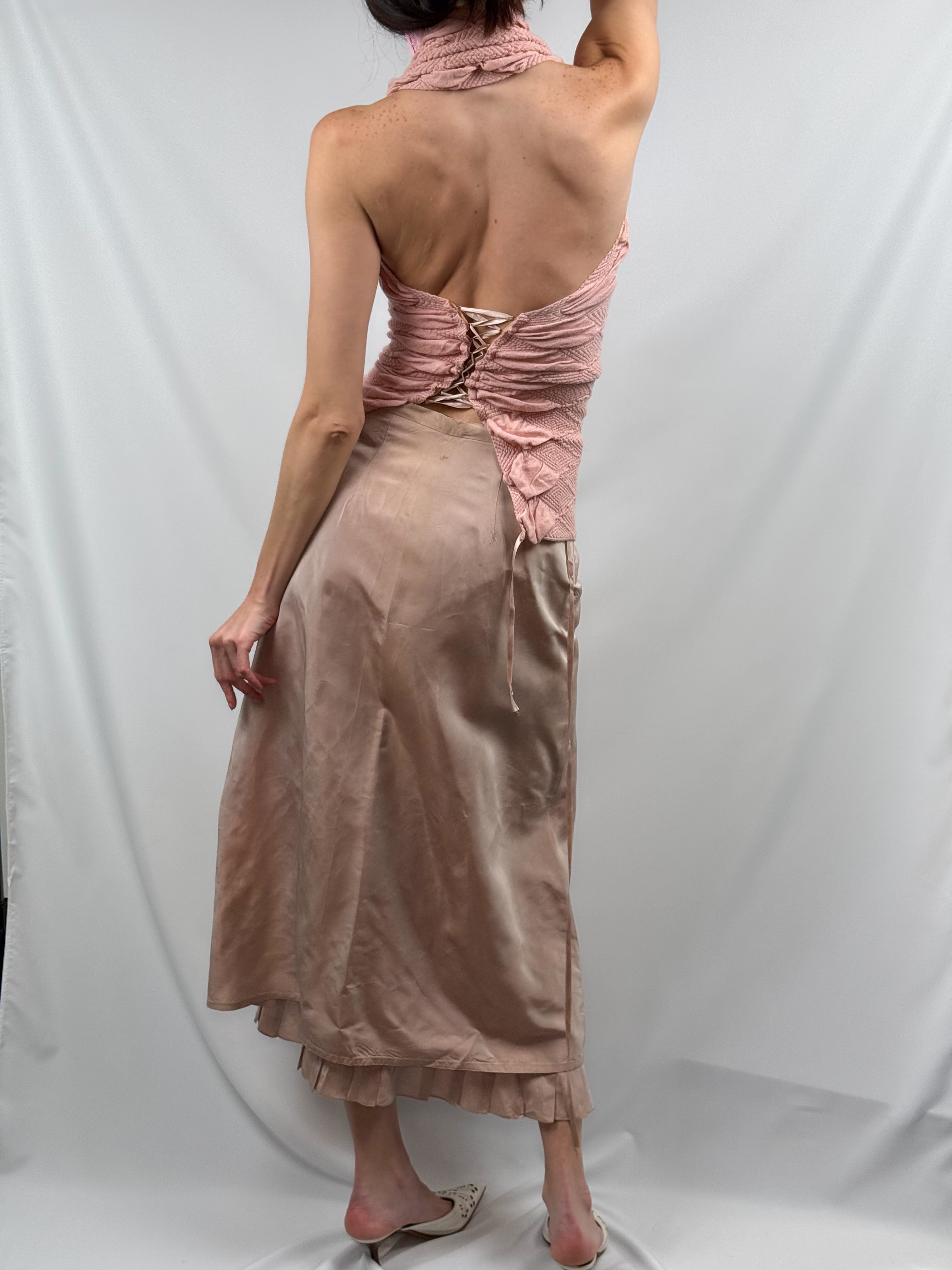 G. Exterior 2000s Blush Pink Snake Texture Ruched Lace-Up Halter Top - S/M