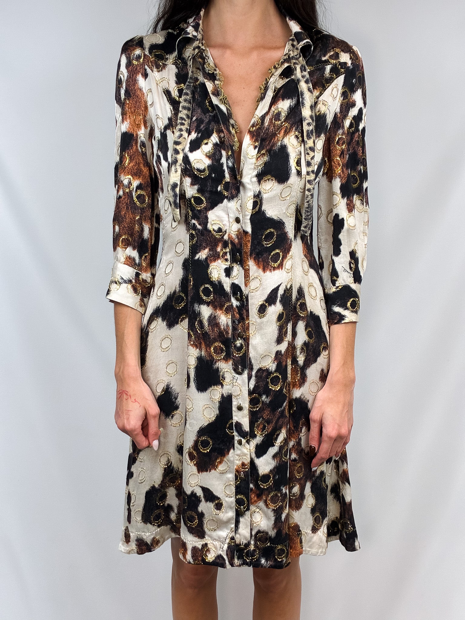 Roberto Cavalli 2000s Cow Print Silk Shirt Dress with Gold Ring Accents - M