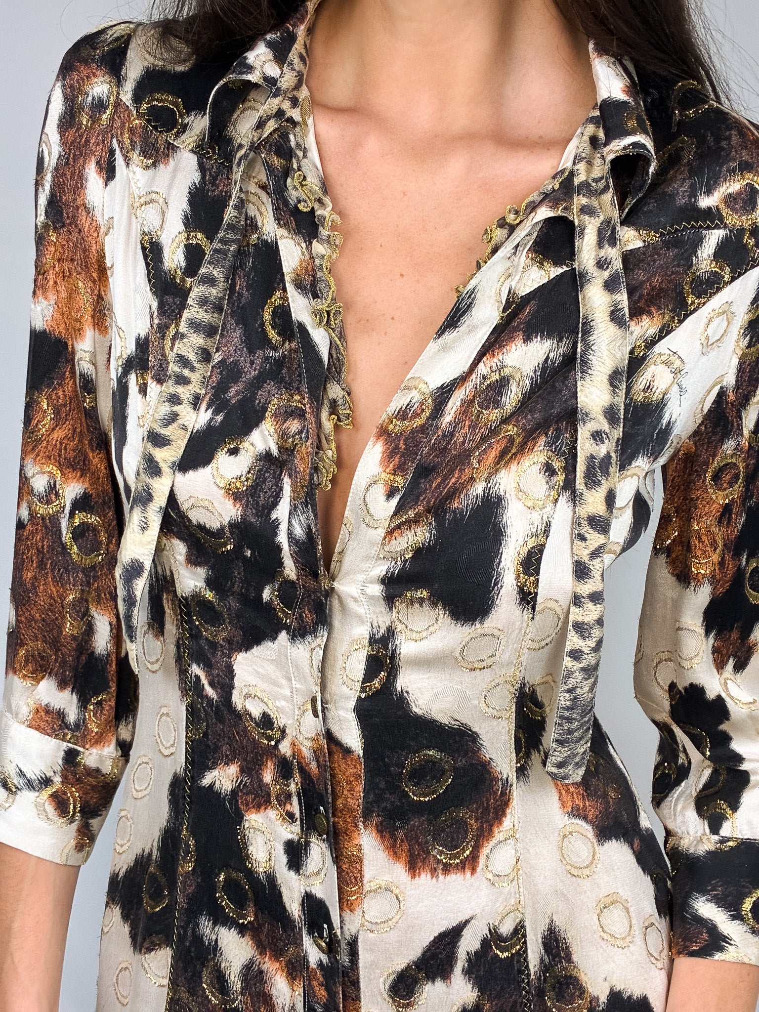 Roberto Cavalli 2000s Cow Print Silk Shirt Dress with Gold Ring Accents - M