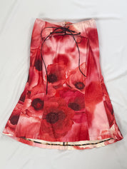 Roberto Cavalli SS 2002 Red Poppy Print Lace-Up Skirt & Ruffle Sleeve Top Set - M/L