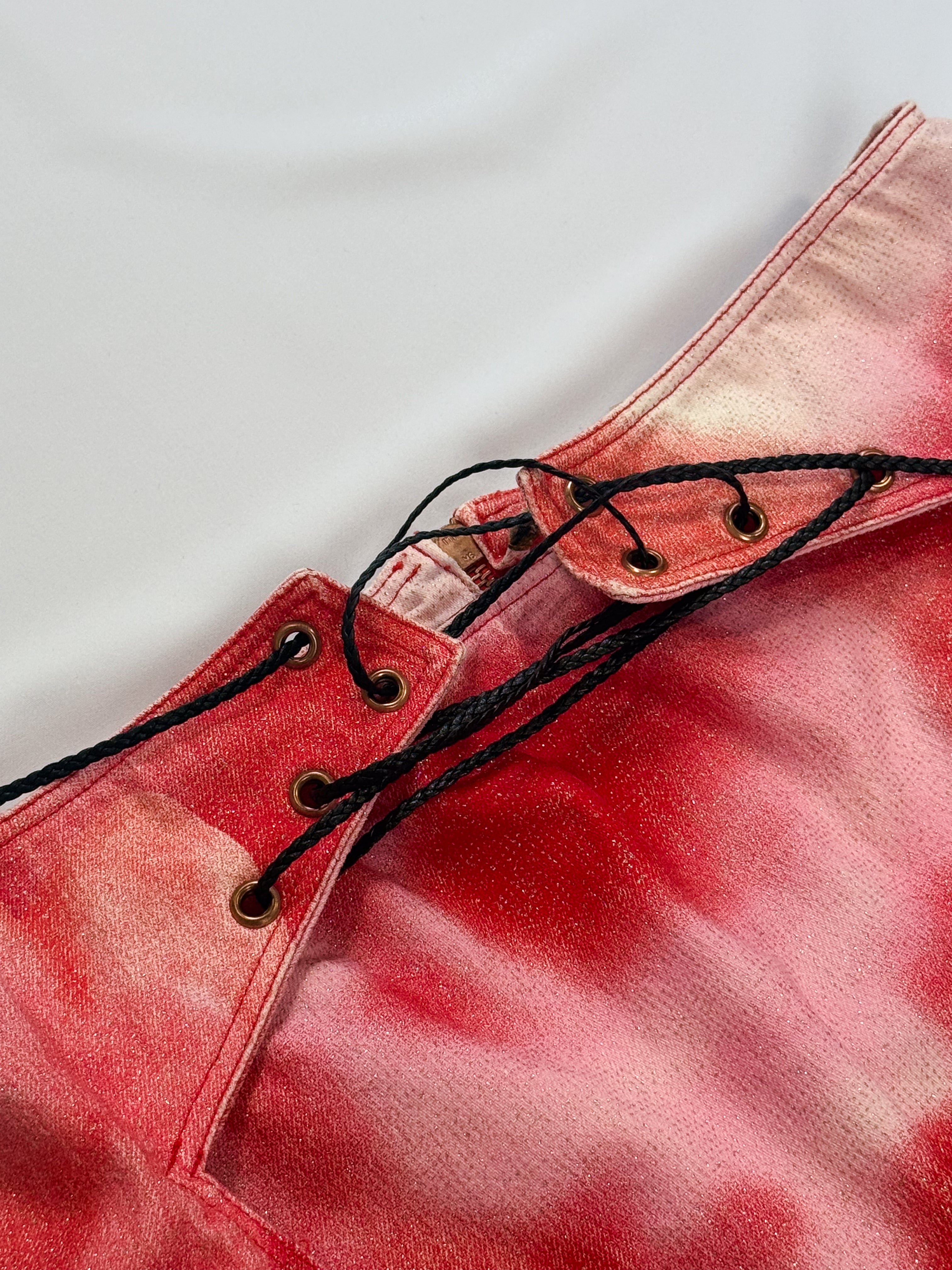 Roberto Cavalli SS 2002 Red Poppy Print Lace-Up Skirt & Ruffle Sleeve Top Set - M/L