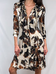 Roberto Cavalli 2000s Cow Print Silk Shirt Dress with Gold Ring Accents - M