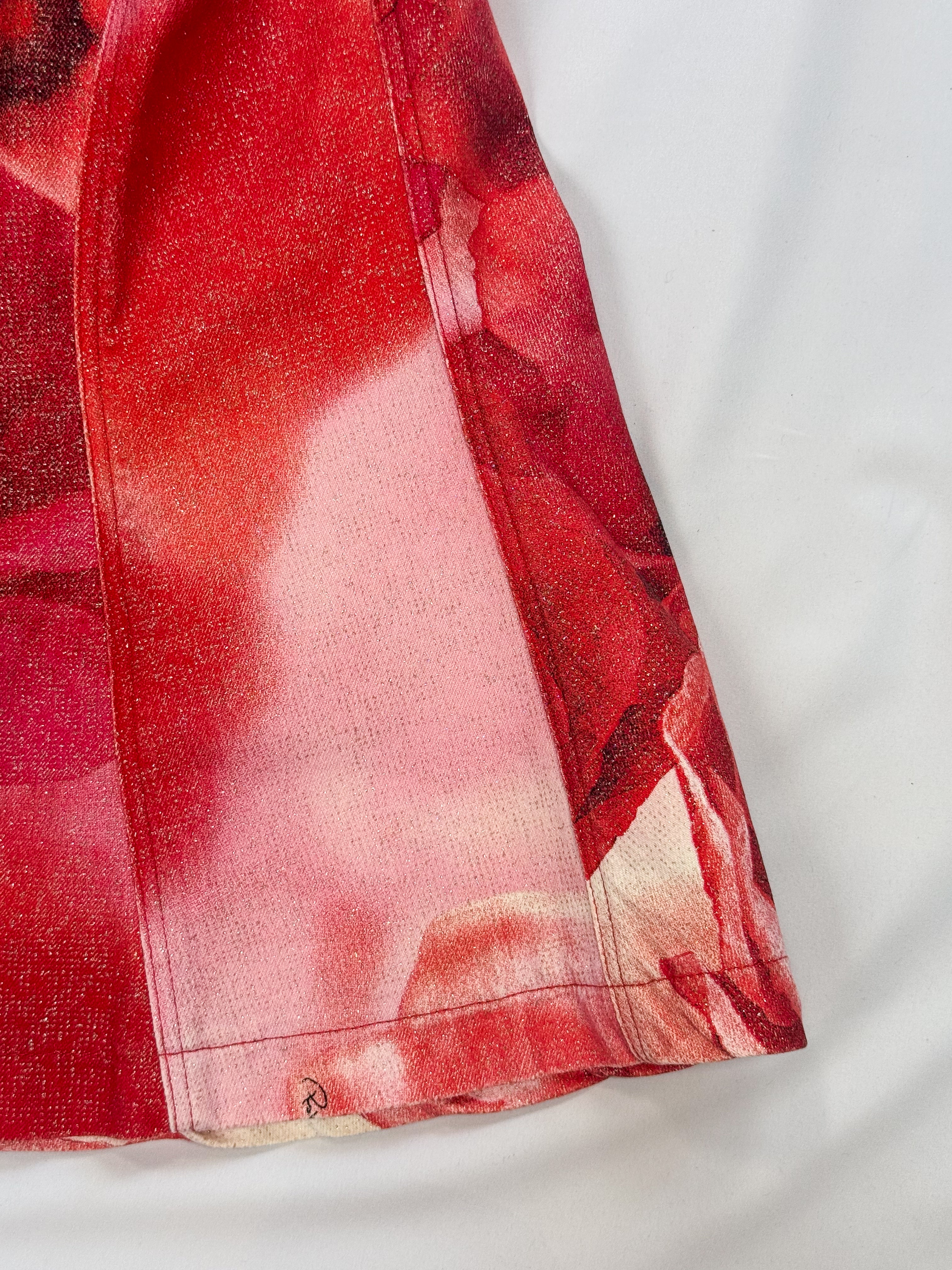 Roberto Cavalli SS 2002 Red Poppy Print Lace-Up Skirt & Ruffle Sleeve Top Set - M/L