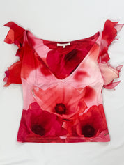 Roberto Cavalli SS 2002 Red Poppy Print Lace-Up Skirt & Ruffle Sleeve Top Set - M/L